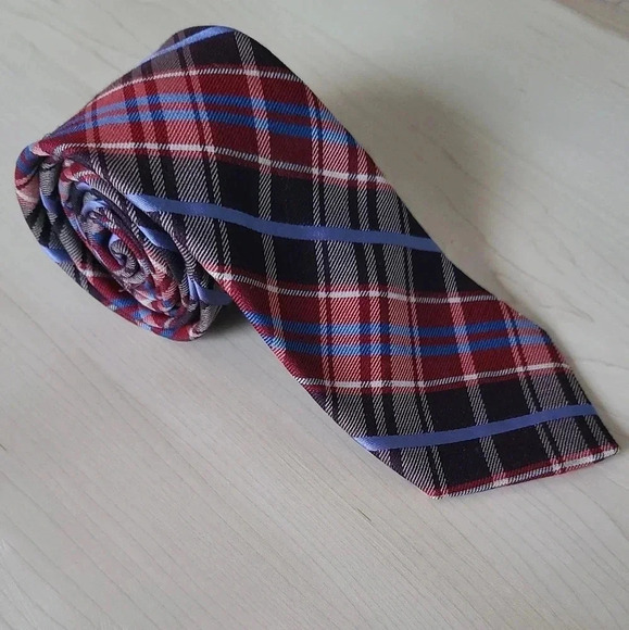 🇬🇧TED BAKER LONDON  Plaid Tie, burgundy and blue - Picture 2 of 7
